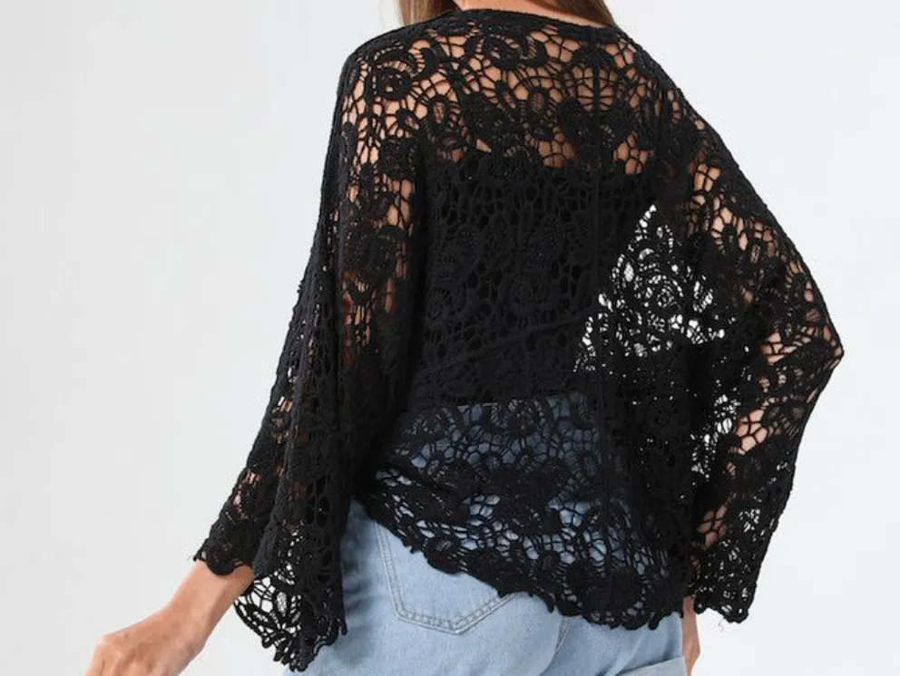 Midnight Lace Knotted Cardigan - Deep Black