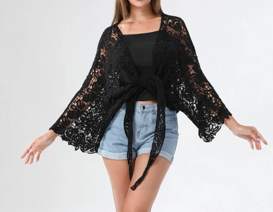 Midnight Lace Knotted Cardigan - Deep Black