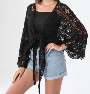 Midnight Lace Knotted Cardigan - Deep Black
