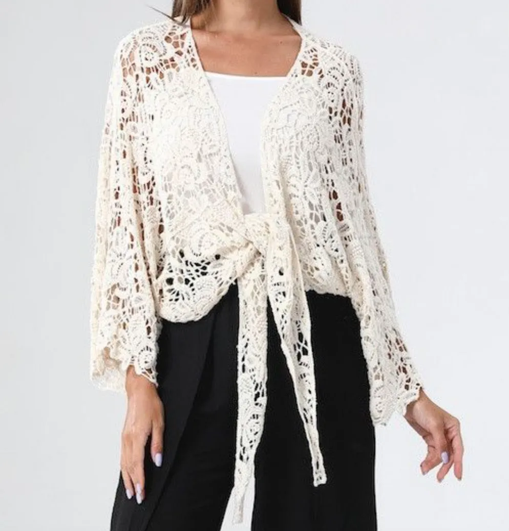 Midnight Lace Knotted Cardigan - Rich Cream.