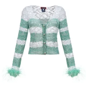 Mint Handmade Knit Sweater With Detachable Feather Details On The Cuffs and Pearl Buttons