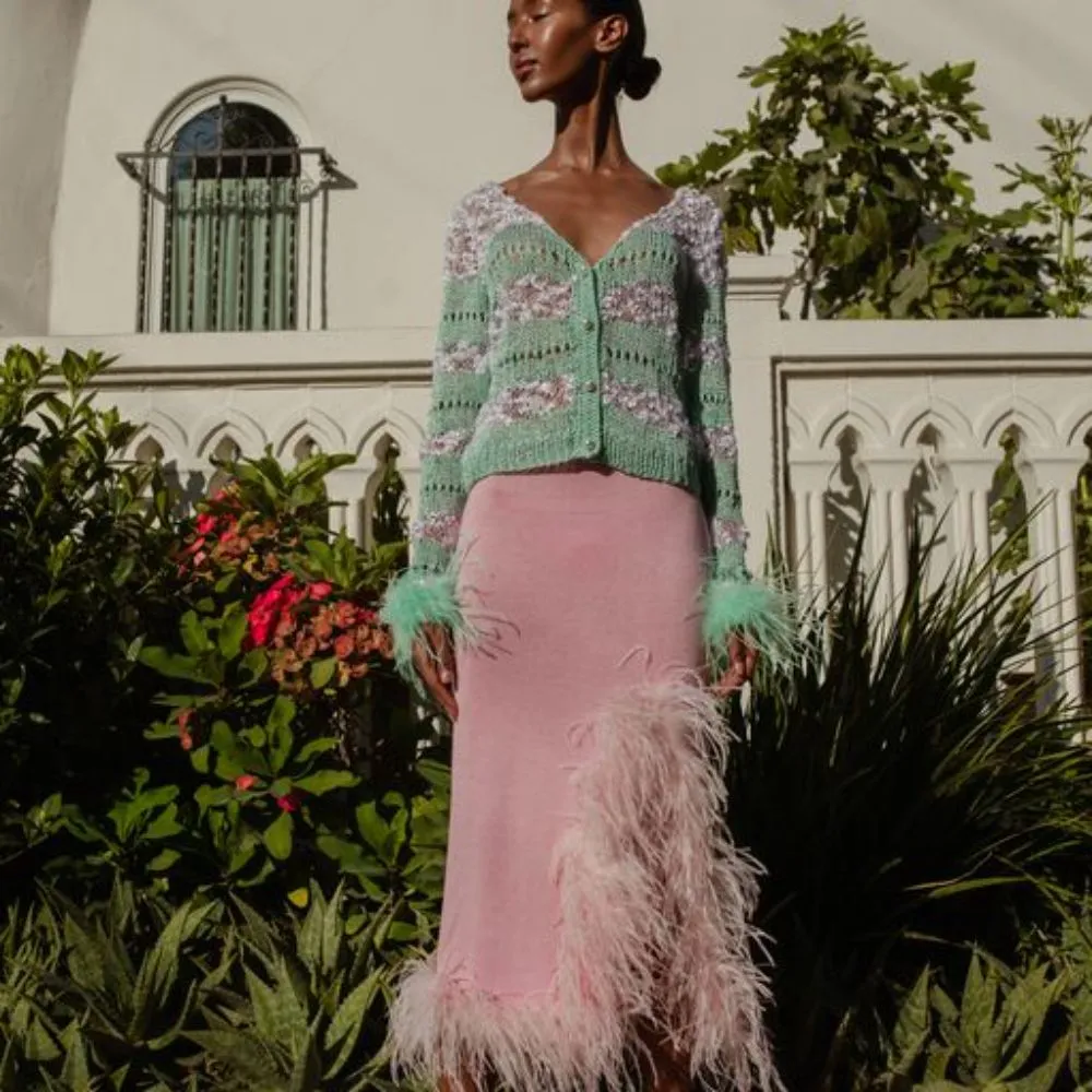 Mint Handmade Knit Sweater With Detachable Feather Details On The Cuffs and Pearl Buttons