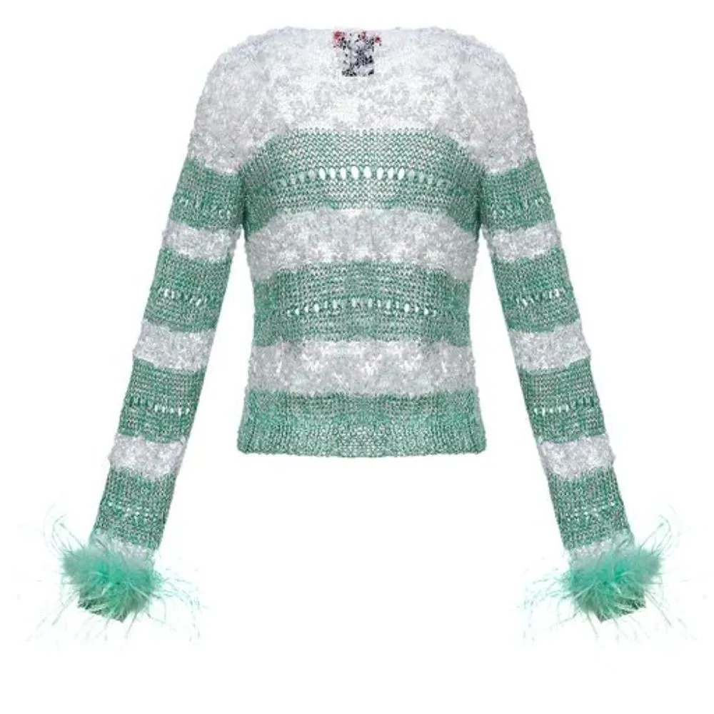 Mint Handmade Knit Sweater With Detachable Feather Details On The Cuffs and Pearl Buttons