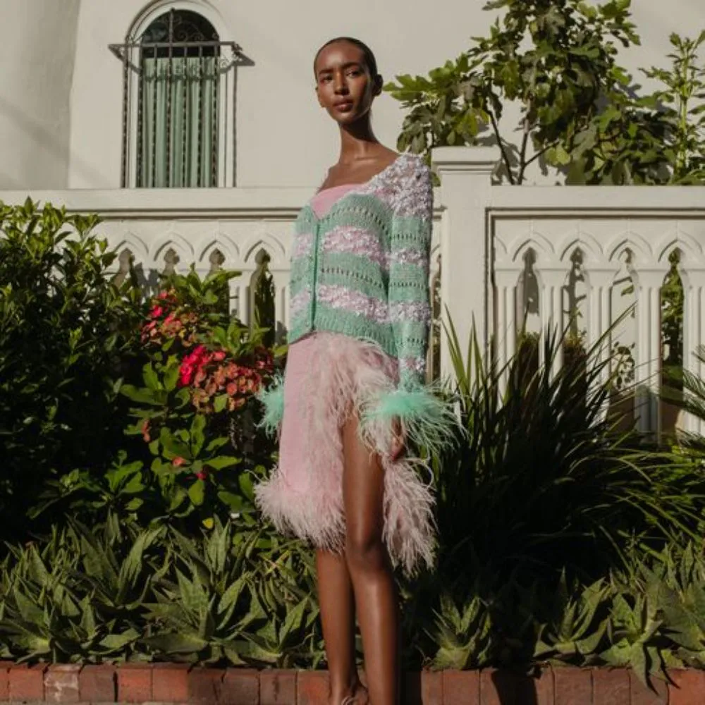 Mint Handmade Knit Sweater With Detachable Feather Details On The Cuffs and Pearl Buttons