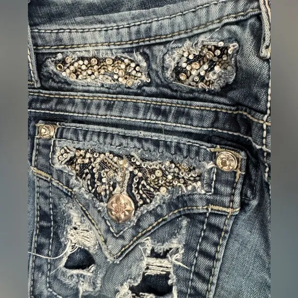 MISS ME Slim Boot Cut Embellished Distressed Denim Jeans 26 x 31