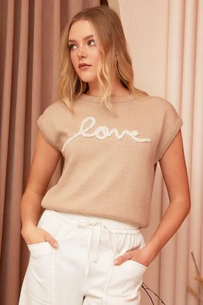 Mittoshop Contrast Letter Round Neck Cap Sleeve Knit Top