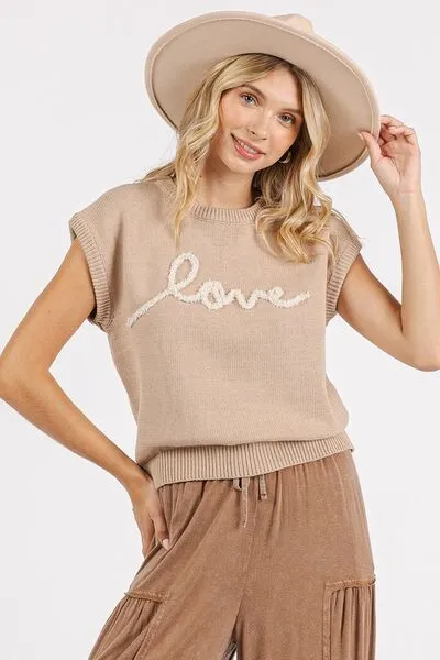 Mittoshop Contrast Letter Round Neck Cap Sleeve Knit Top
