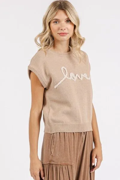 Mittoshop Contrast Letter Round Neck Cap Sleeve Knit Top
