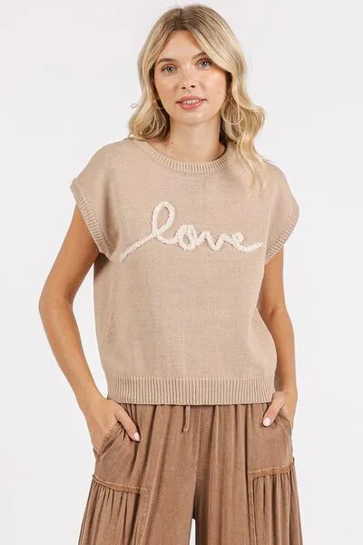 Mittoshop Contrast Letter Round Neck Cap Sleeve Knit Top