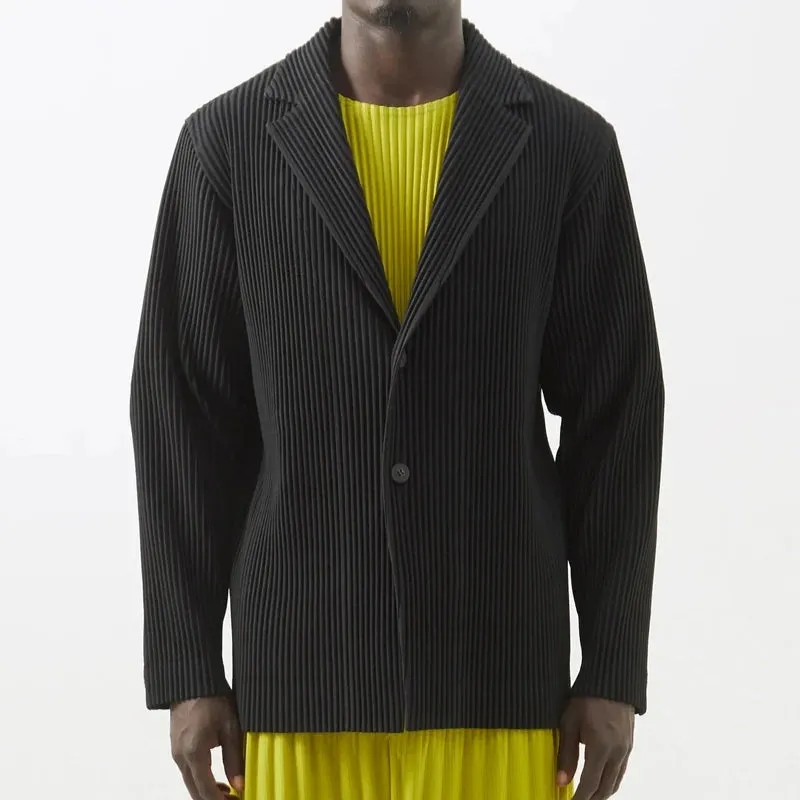 Miyake Pleated Men 2024 New Office Black Blazer Luxury High Fashion Suits Partially Lined Autumn Winter Coat