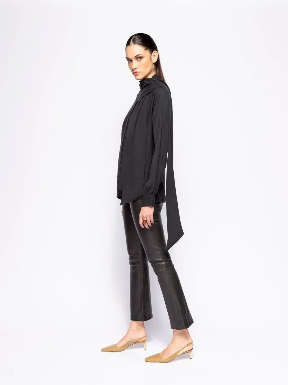 Narcissus Black Wrap Top with Collar Tie