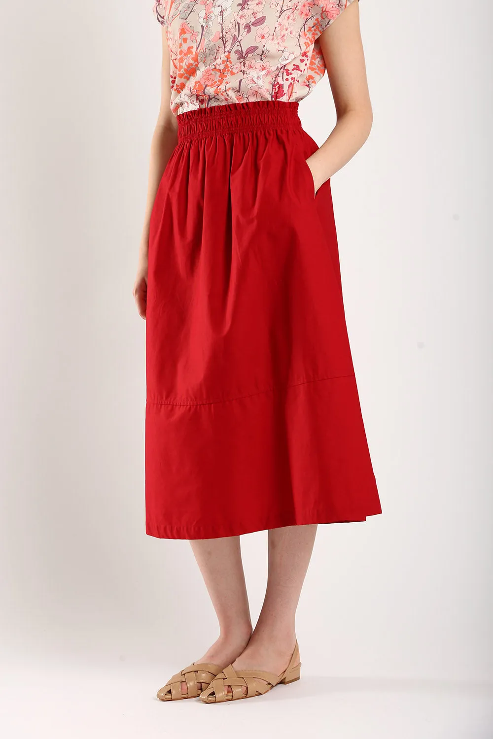 Naura Cotton Elasticized Waistband A-Line Skirts in Red