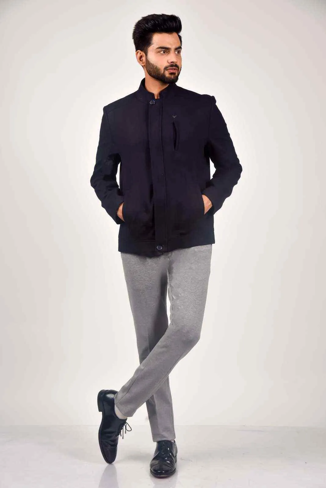 Navy Tweed Zipper Jacket