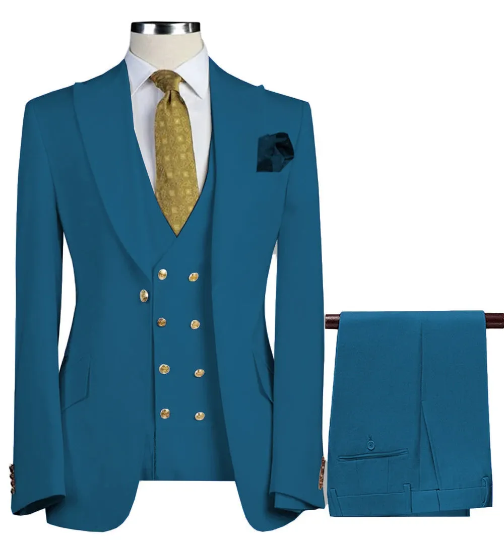 New 3 Pcs Set Men Suit Fashion Men's Casual Boutique Business Groom Wedding Jacket Blazers Coat (Blazer Vest Pant)