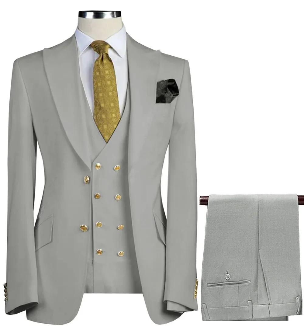 New 3 Pcs Set Men Suit Fashion Men's Casual Boutique Business Groom Wedding Jacket Blazers Coat (Blazer Vest Pant)