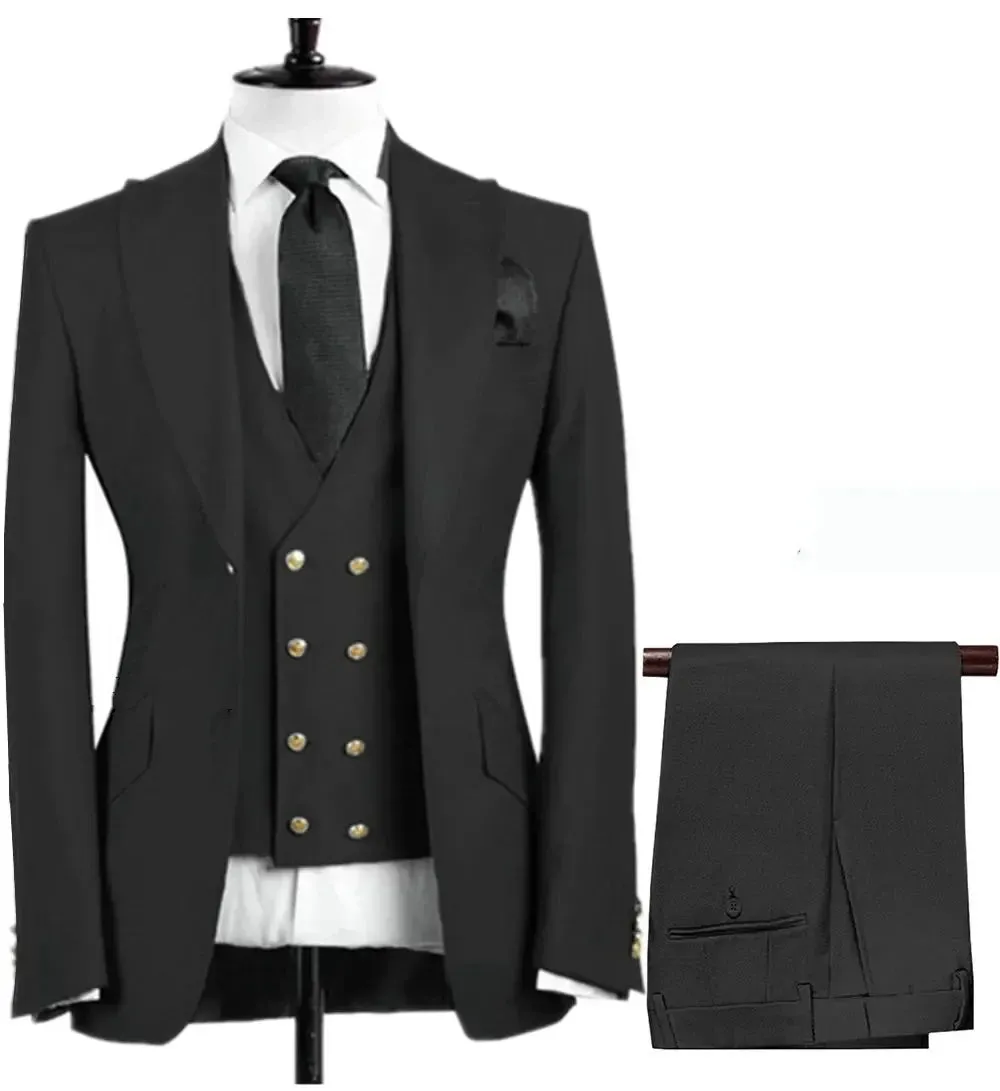 New 3 Pcs Set Men Suit Fashion Men's Casual Boutique Business Groom Wedding Jacket Blazers Coat (Blazer Vest Pant)