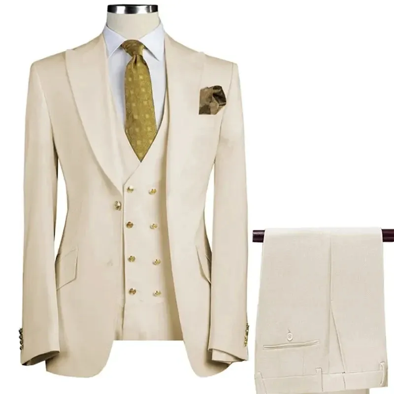 New 3 Pcs Set Men Suit Fashion Men's Casual Boutique Business Groom Wedding Jacket Blazers Coat (Blazer Vest Pant)