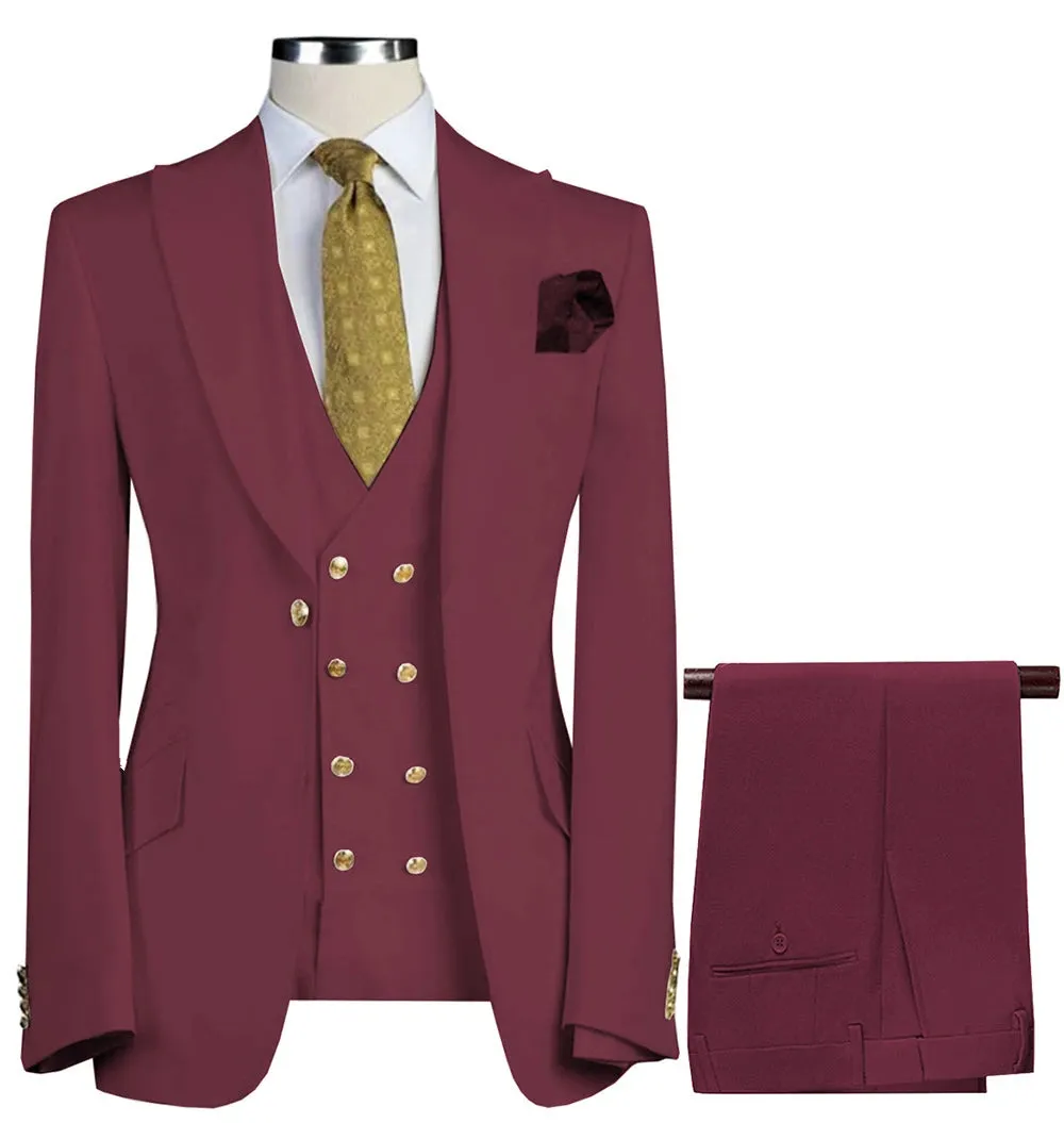 New 3 Pcs Set Men Suit Fashion Men's Casual Boutique Business Groom Wedding Jacket Blazers Coat (Blazer Vest Pant)
