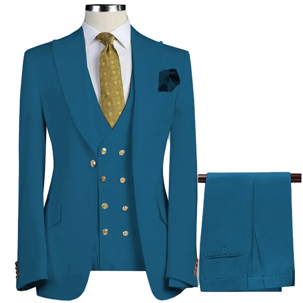 New 3 Pcs Set Men Suit Fashion Men's Casual Boutique Business Groom Wedding Jacket Blazers Coat (Blazer Vest Pant)