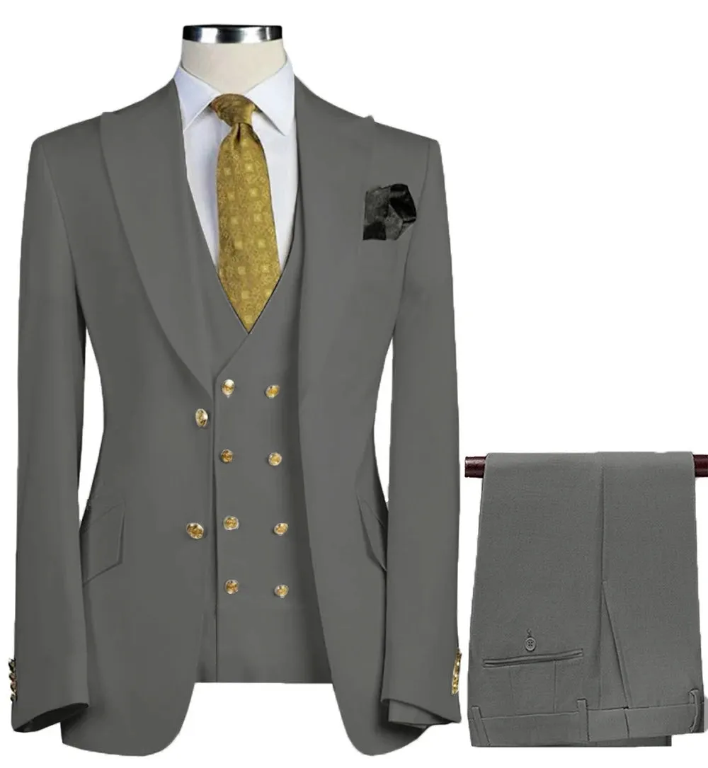 New 3 Pcs Set Men Suit Fashion Men's Casual Boutique Business Groom Wedding Jacket Blazers Coat (Blazer Vest Pant)