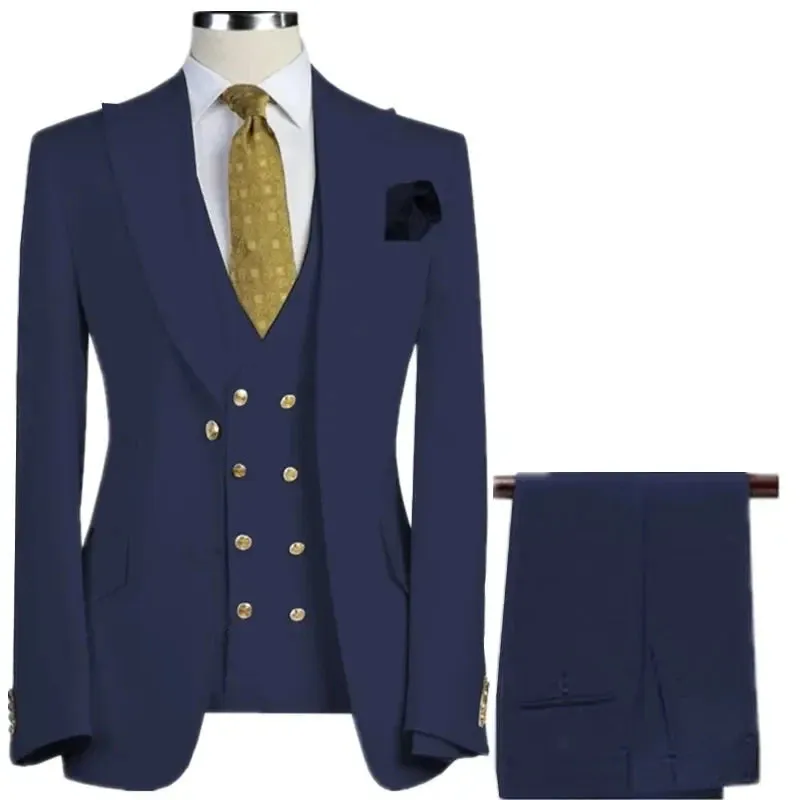 New 3 Pcs Set Men Suit Fashion Men's Casual Boutique Business Groom Wedding Jacket Blazers Coat (Blazer Vest Pant)