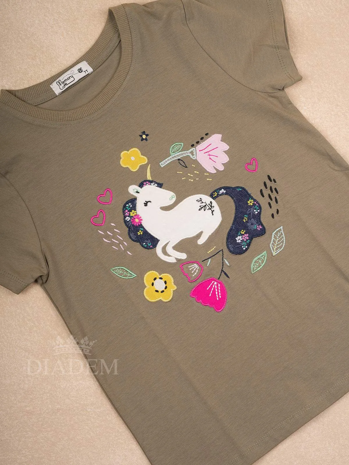 Olive Green Cotton Half Sleeve T-Shirt with Unicorn Designs for Girls