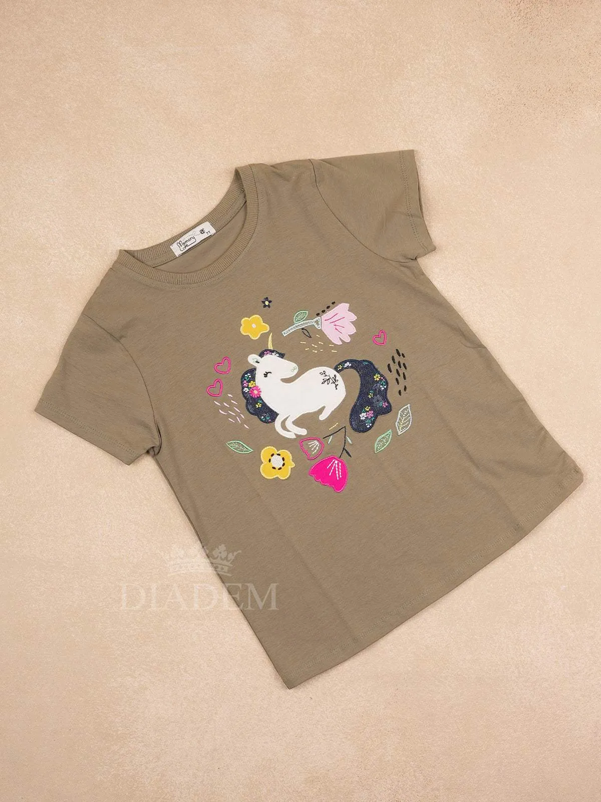 Olive Green Cotton Half Sleeve T-Shirt with Unicorn Designs for Girls