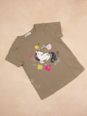 Olive Green Cotton Half Sleeve T-Shirt with Unicorn Designs for Girls