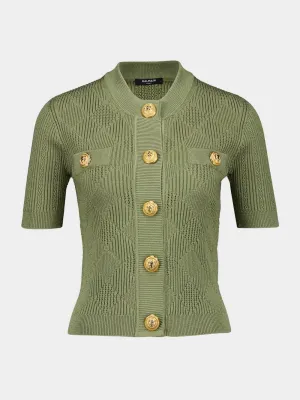 Olive Green Gingham Button-Up Short-Sleeved Cardigan