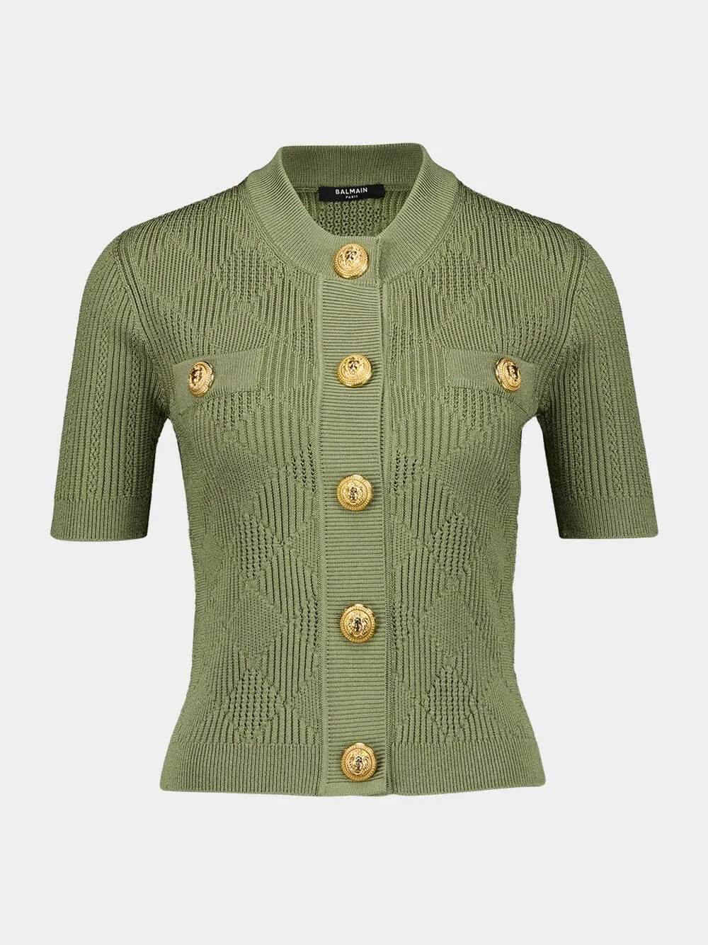 Olive Green Gingham Button-Up Short-Sleeved Cardigan