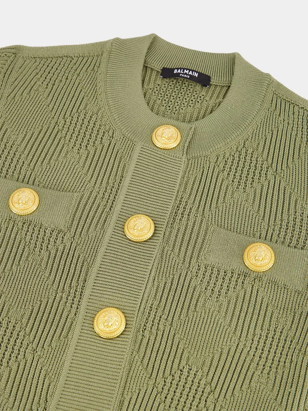 Olive Green Gingham Button-Up Short-Sleeved Cardigan