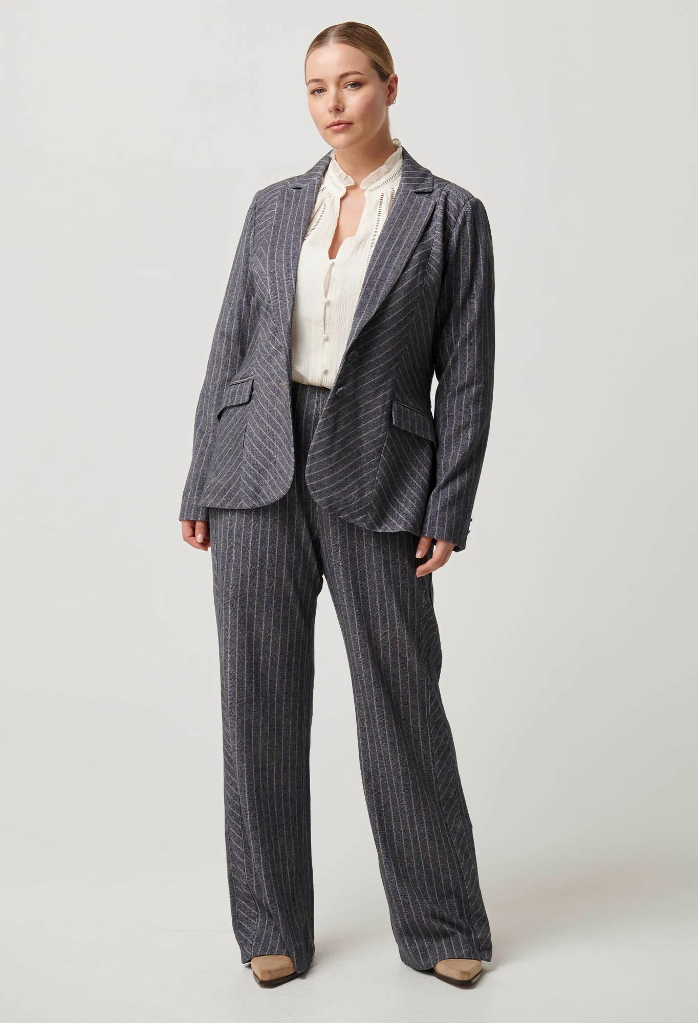 Once Was - Oaklyn Chevron Stripe Panelled Blazer in Bluestone