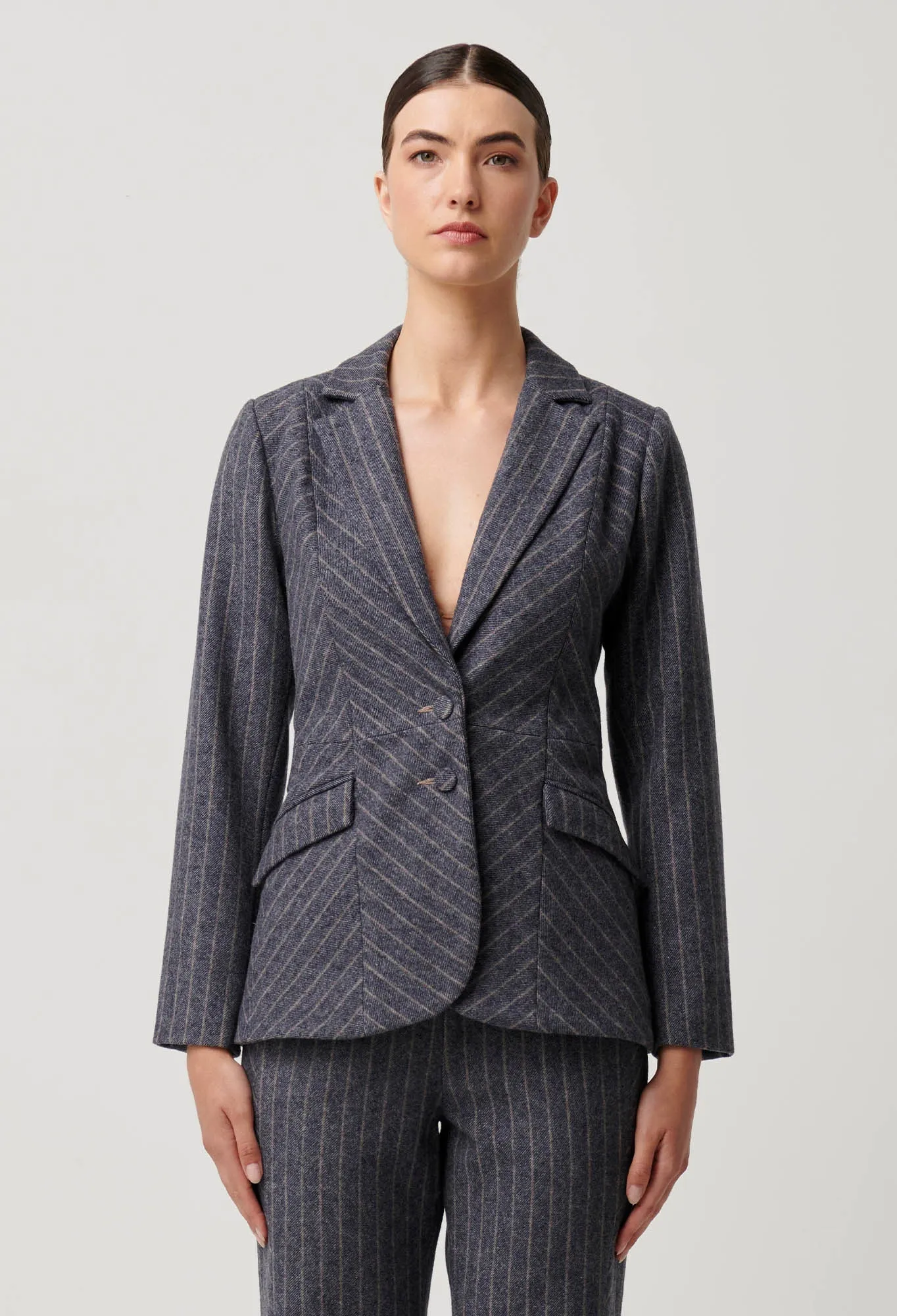 Once Was - Oaklyn Chevron Stripe Panelled Blazer in Bluestone