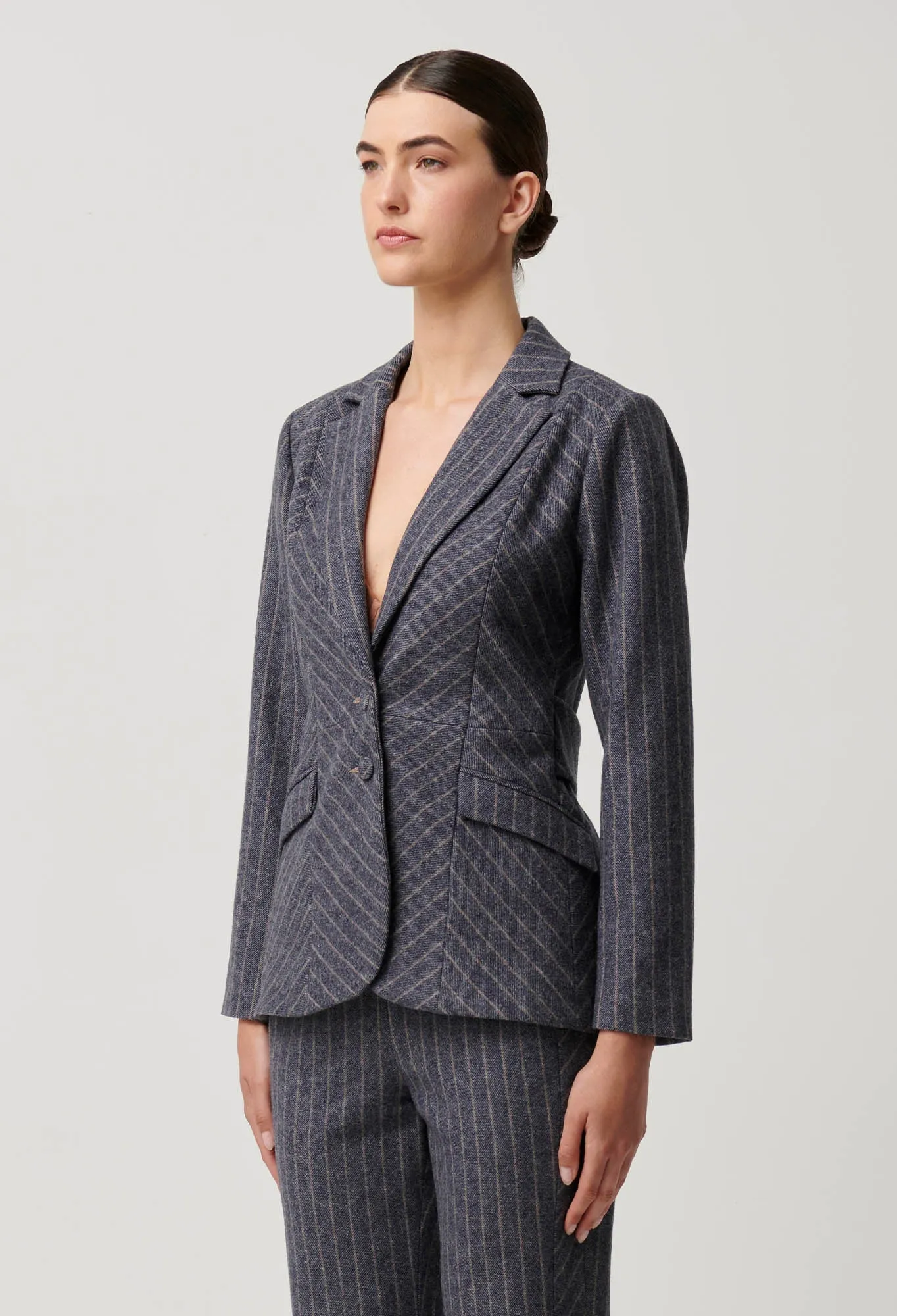 Once Was - Oaklyn Chevron Stripe Panelled Blazer in Bluestone