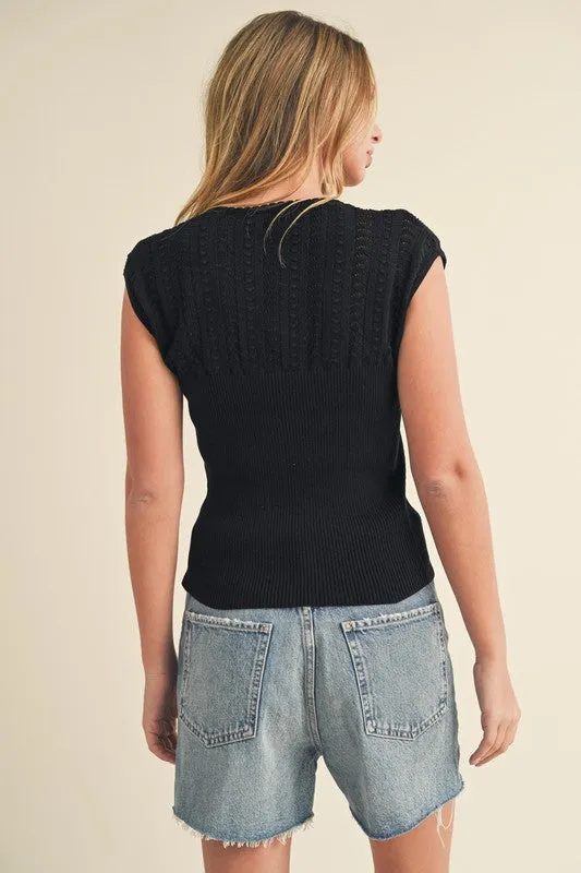 Openwork Round Neck Cap Sleeve Knit Top