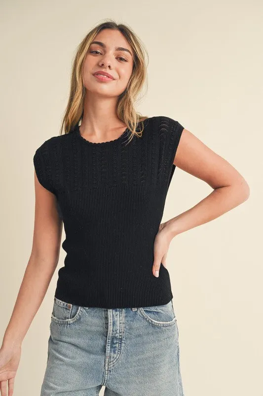 Openwork Round Neck Cap Sleeve Knit Top
