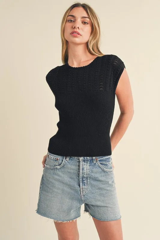 Openwork Round Neck Cap Sleeve Knit Top