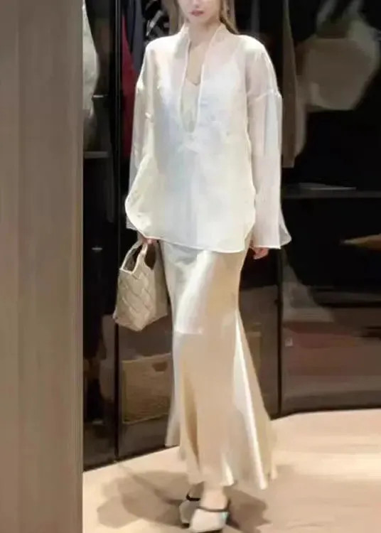 peopleterritory Chic White Top And Skirts Silk Two Piece Suit Set Spring HA1002