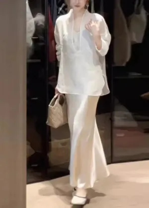 peopleterritory Chic White Top And Skirts Silk Two Piece Suit Set Spring HA1002