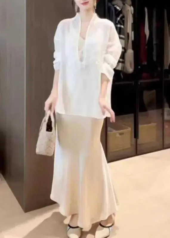 peopleterritory Chic White Top And Skirts Silk Two Piece Suit Set Spring HA1002