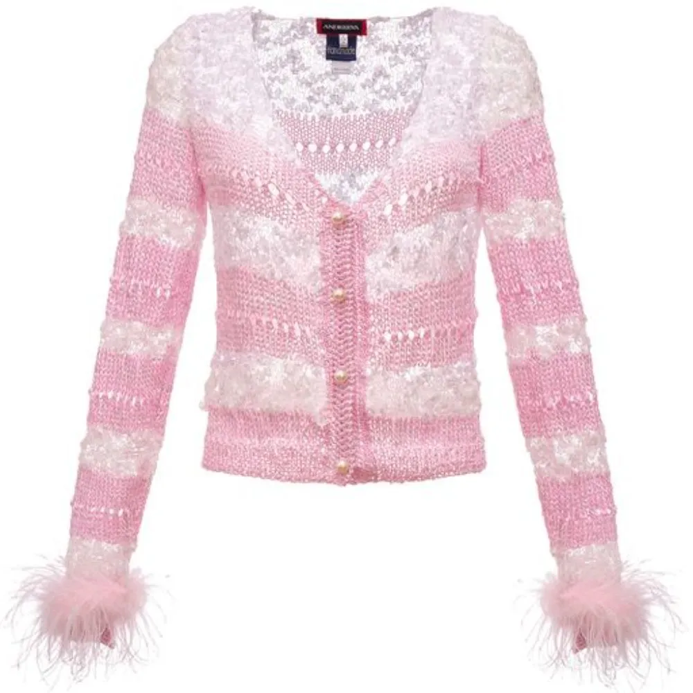 Pink Handmade Knit Sweater With Pearl Buttons and Detachable Feathers Cuffs