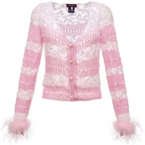 Pink Handmade Knit Sweater With Pearl Buttons and Detachable Feathers Cuffs