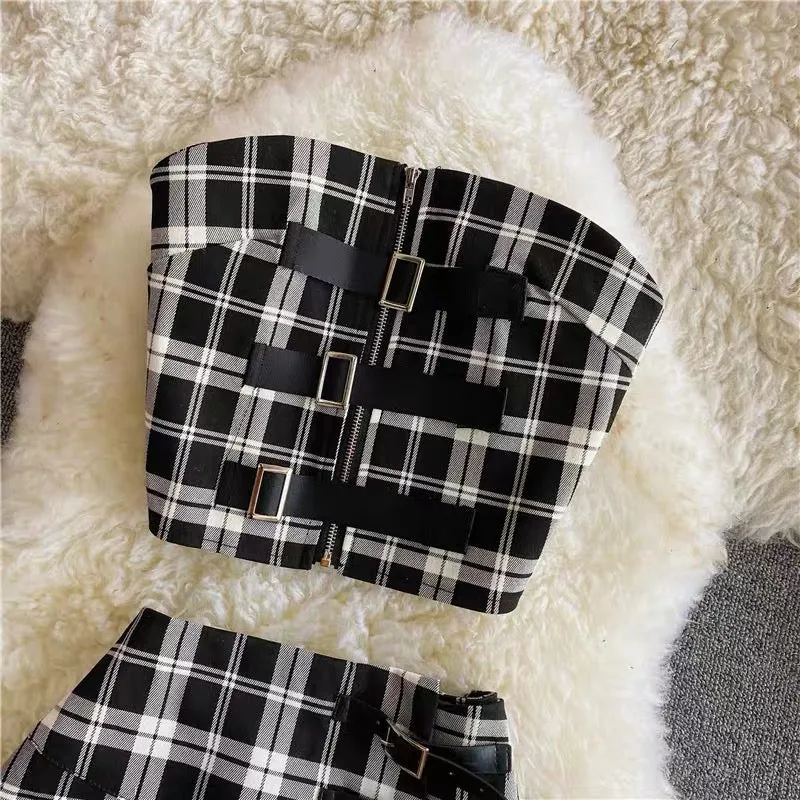 Plaid Tube Top and Irregular Skirt Set