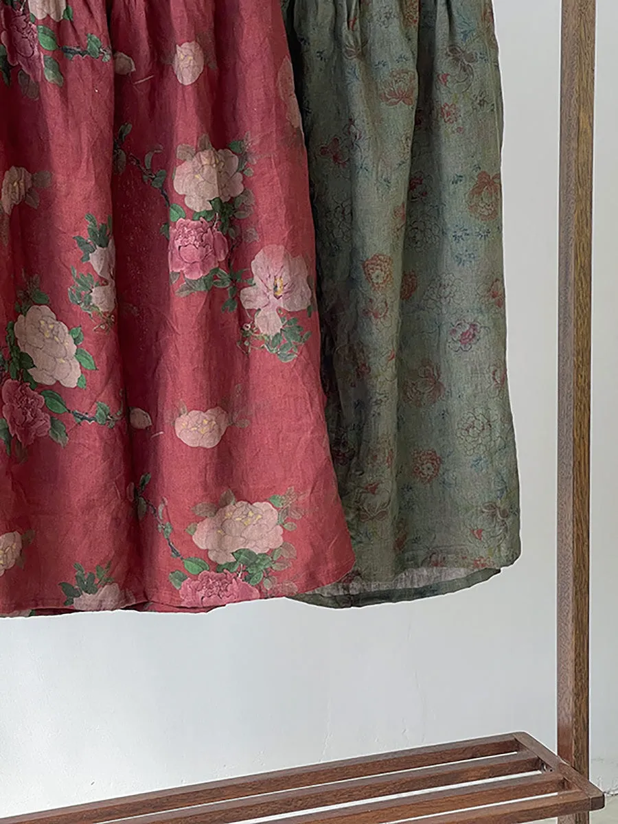 Plus Size Women Summer Vintage Flower Loose 100%Linen Skirt