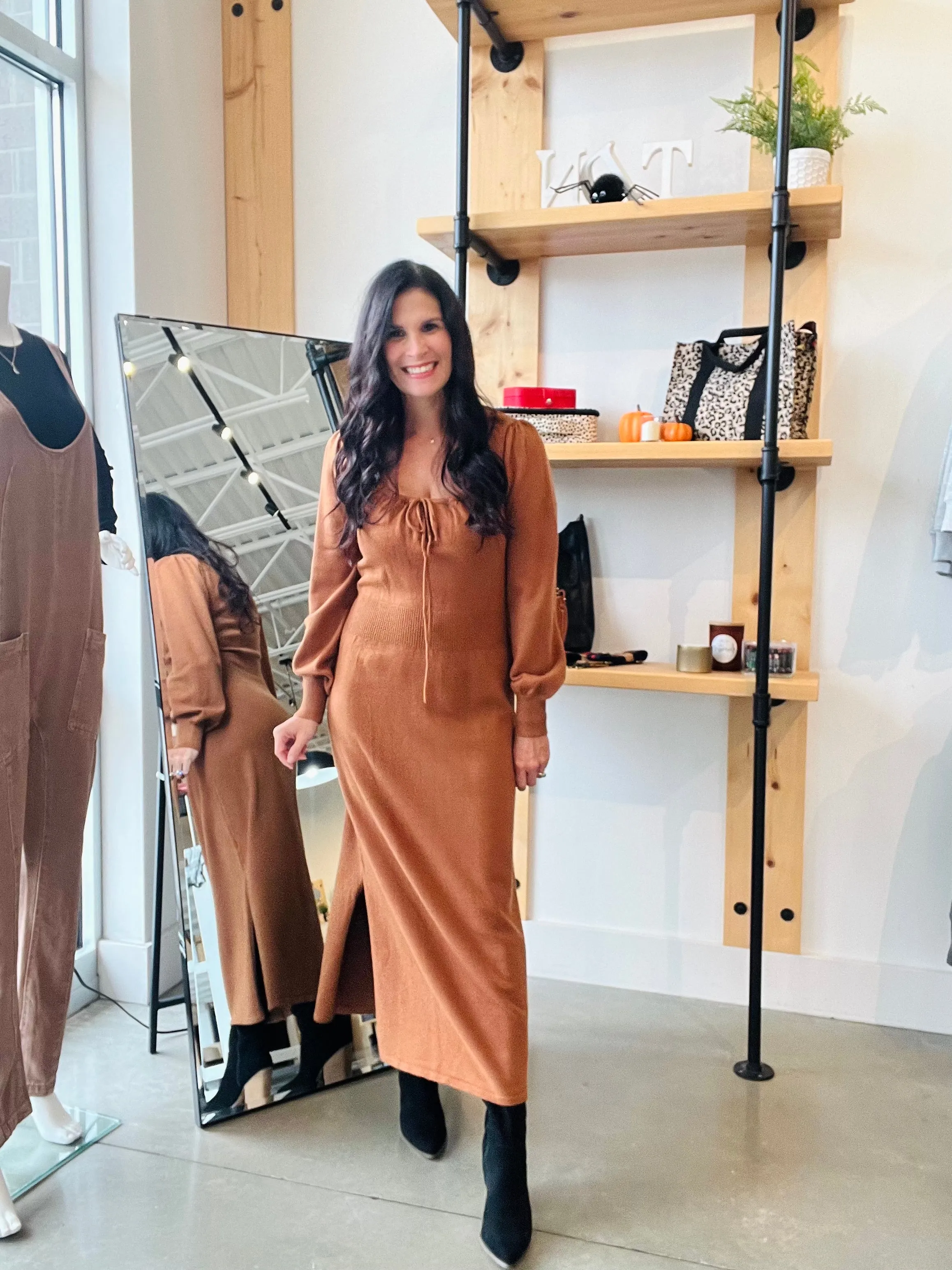 Puff Long Sleeve Dress in Camel