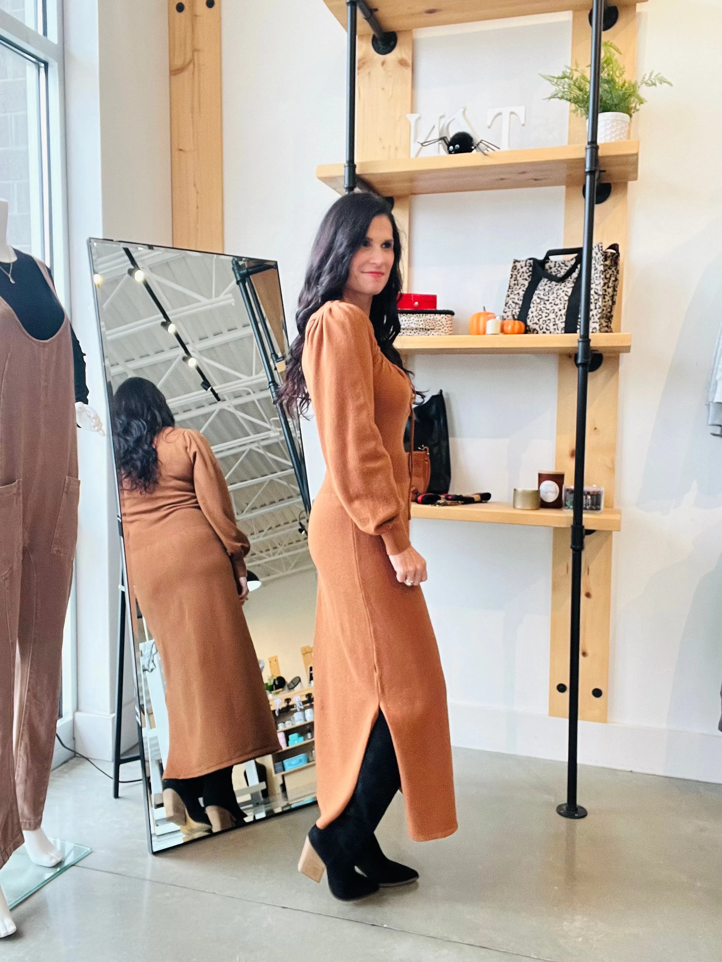 Puff Long Sleeve Dress in Camel