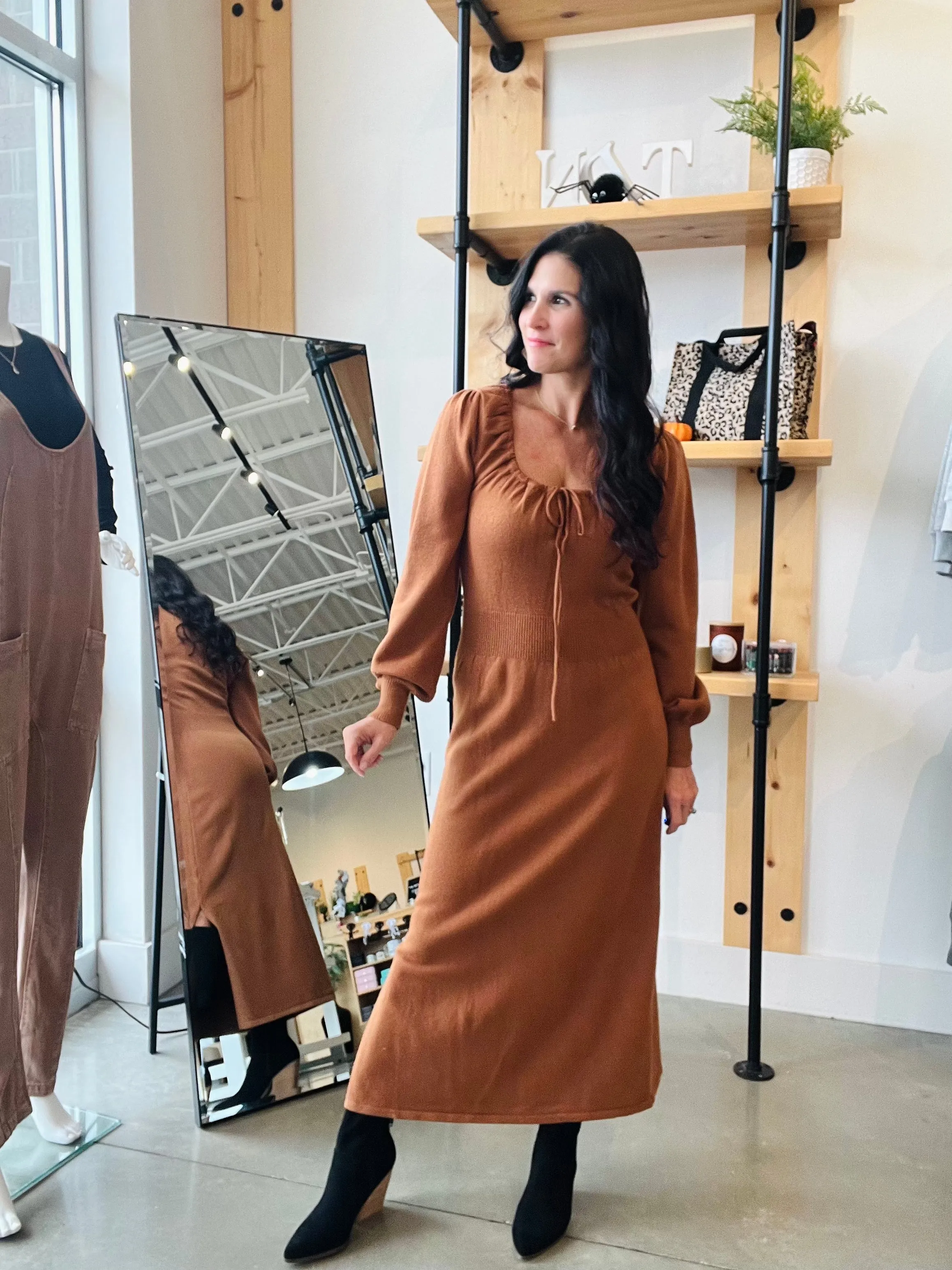 Puff Long Sleeve Dress in Camel