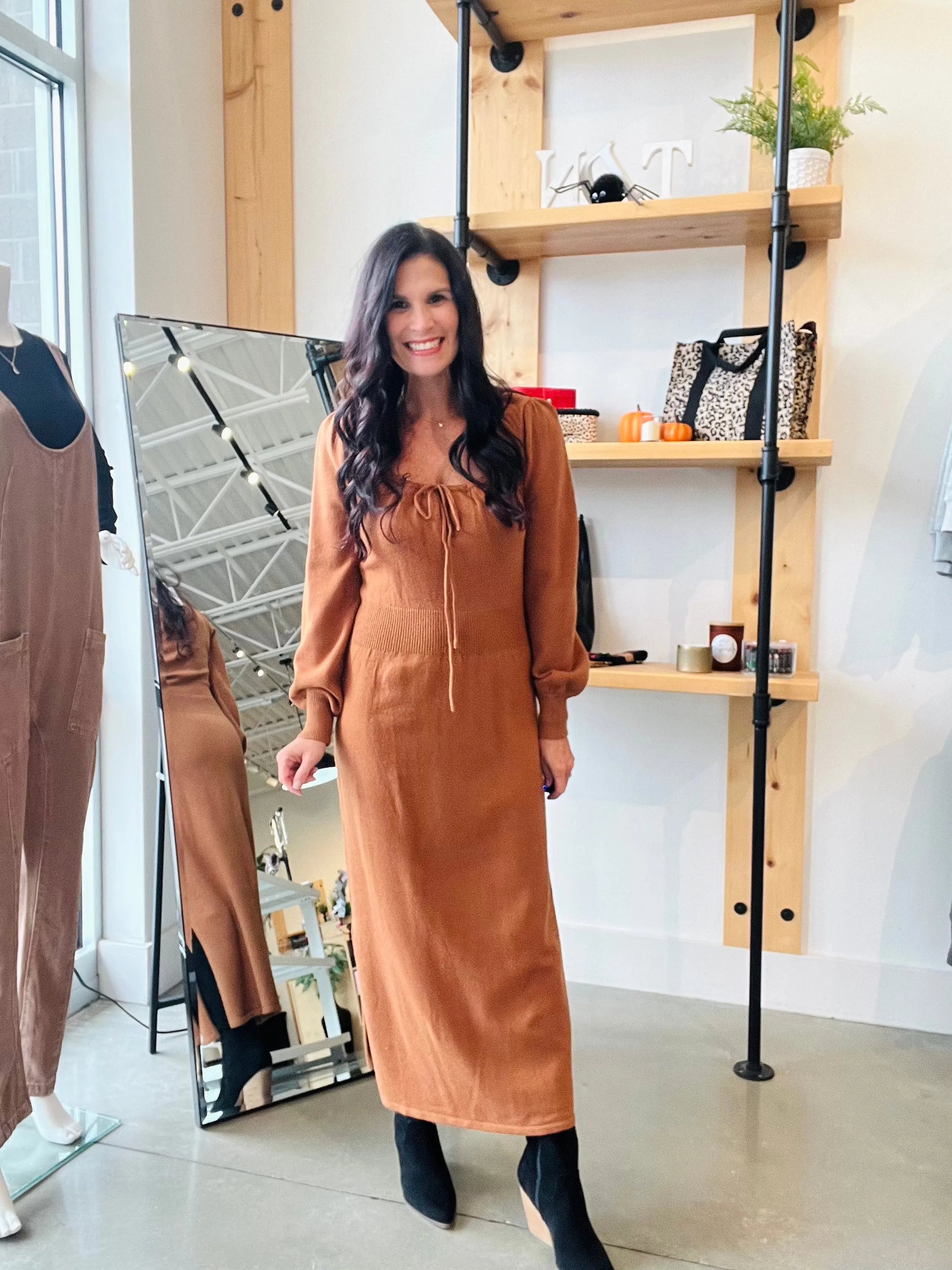 Puff Long Sleeve Dress in Camel