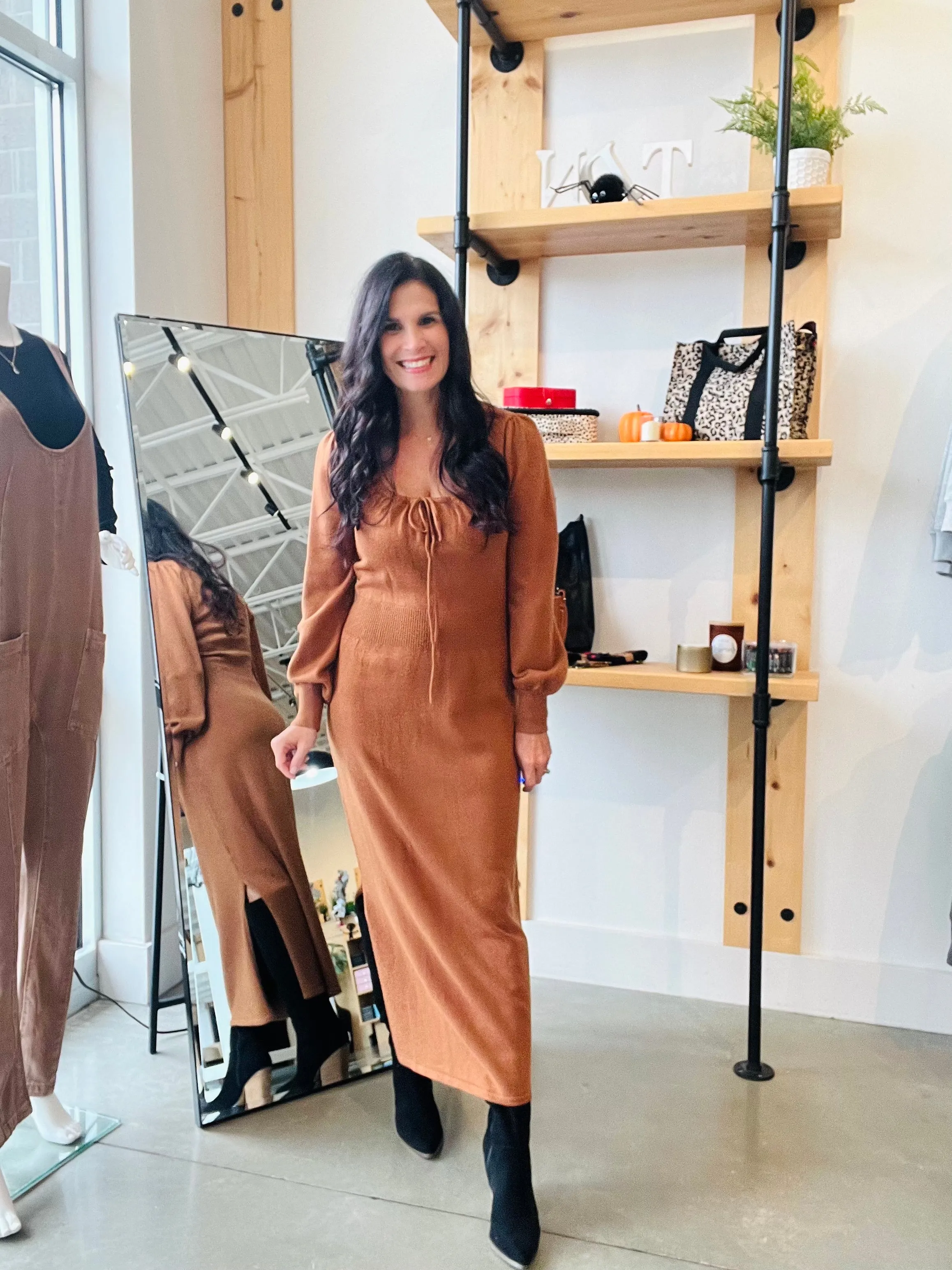 Puff Long Sleeve Dress in Camel