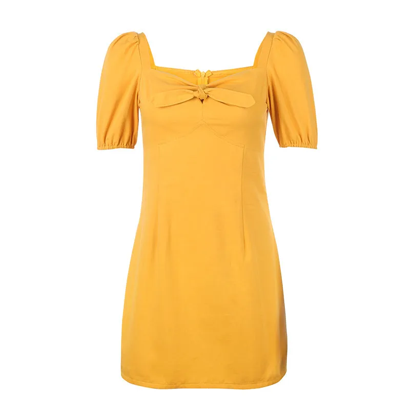 "YELLOW/BLACK/BLUE BOWKNOT PUFF SLEEVE" DRESS N051305